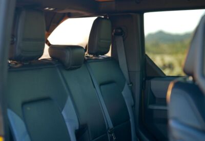 Close up interior shot of the Ford Bronco and the comfortable front seats