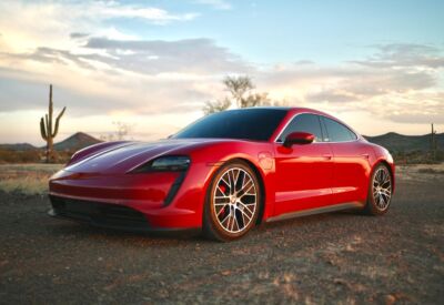 front medium angle shot of the Porsche Taycan