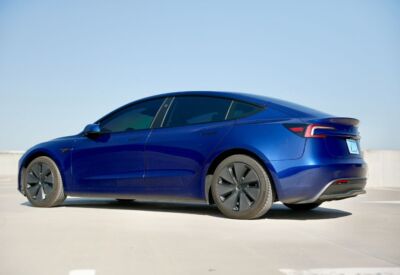 rear angle shot of the Tesla Model 3