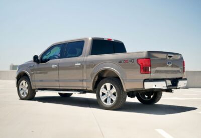 Rear facing shot of the Ford F-150 with the vehicle facing left