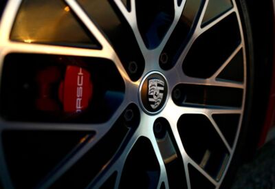 Extreme close up shot of the Porsche Taycan wheel