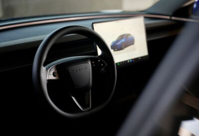 Close up shot of the Tesla Model 3 steering wheel