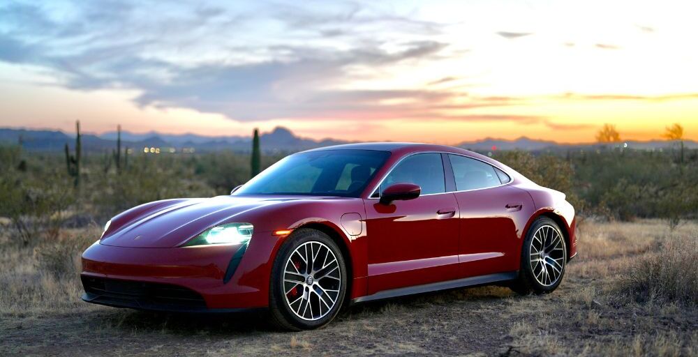 front angle hero shot of the Porsche Taycan