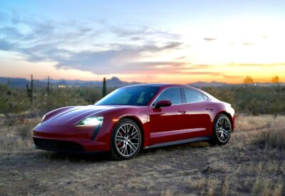 front angle hero shot of the Porsche Taycan