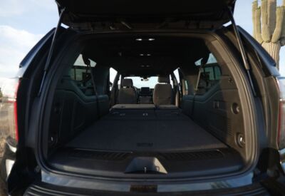 Interior close up shot of the Chevrolet Suburban with the seats down for extra room.