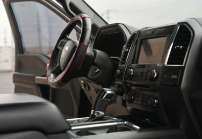 Interior medium shot of the driver's side steering column in the Ford F-150
