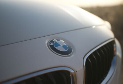 BMW 4-Series Convertible emblem close up shot.