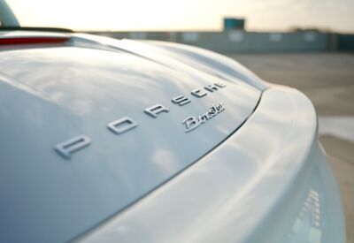 Porsche Boxster close up of the back emblem facing left