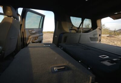 Side shot of the Chevrolet Suburban interior with seats down.