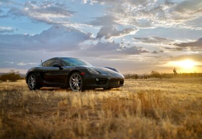 wide front angle shot of the Porsche Cayman