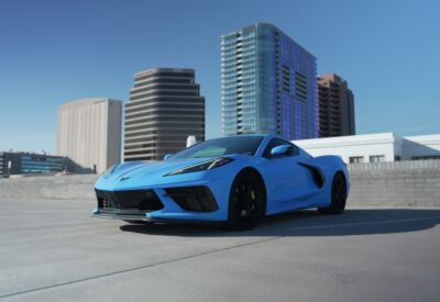 Frontal angled shot of the car facing left in a photo of a Chevrolet Corvette.