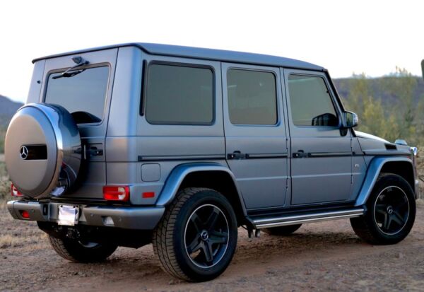 Rear facing shot of the Mercedes Benz G-Wagon with the vehicle facing right