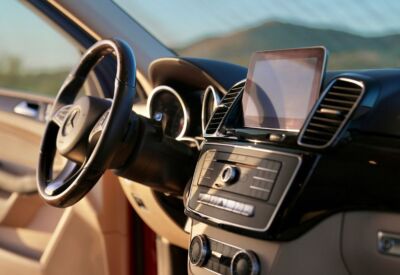 Interior shot of the Mercedes Benz GLE-Class showcasing the drivers side steering wheel
