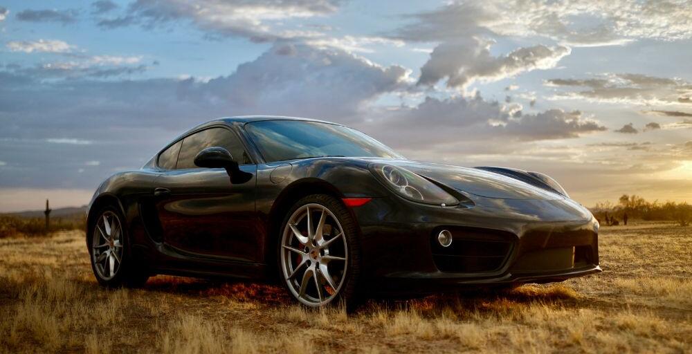 Medium wide front angle shot of the Porsche Cayman