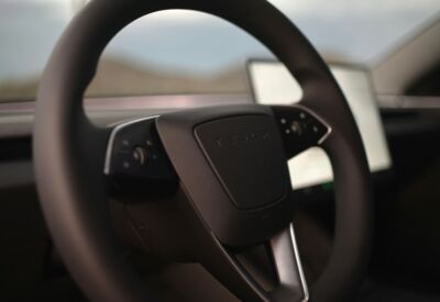 Close up shot of the Tesla Model 3 steering wheel