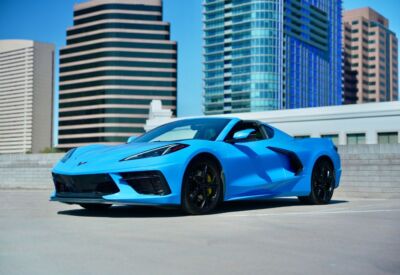 Wide frontal shot of the Chevrolet Corvette facing left.