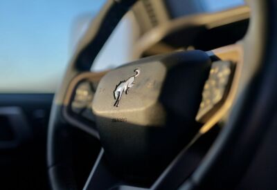 Interior shot of the Ford Bronco with a close up on the steering wheel