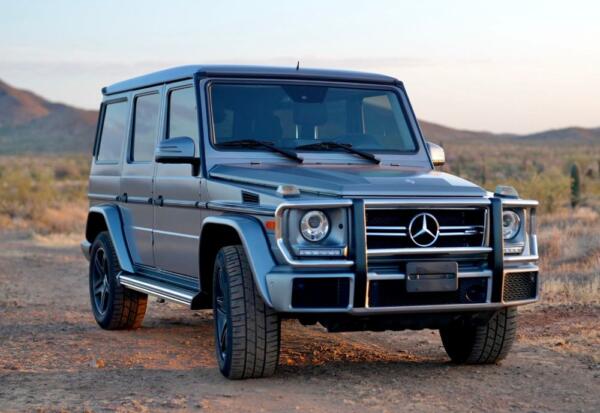 Front angled shot of the Mercedes Benz G-Wagon with the vehicle facing right