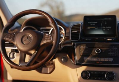 Interior close up of the Mercedes Benz GLE-Class showing the steering wheel