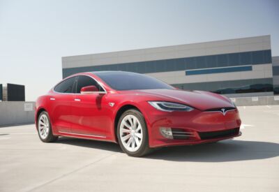 front angle titled shot of the Tesla Model S facing right