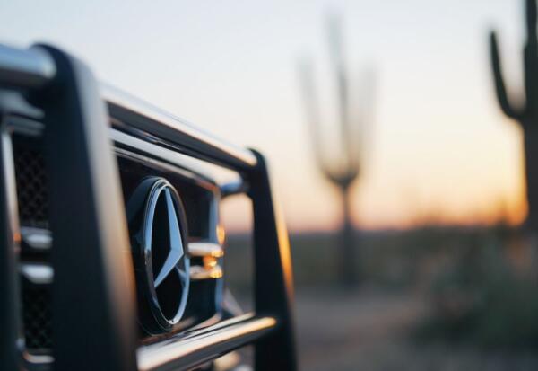 Close up shot of the Mercedes Benz G-Wagon showcasing the front grill