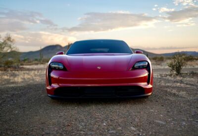 front hero shot of the Porsche Taycan