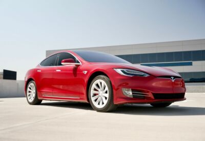 front angle low show of the Tesla Model S