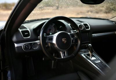 Close up shot of the Porsche Cayman steering wheel