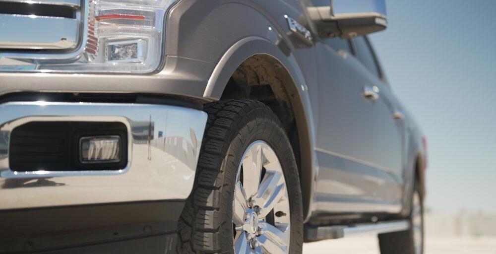 Frontal close up shot of the Ford F-150 driver's side wheel