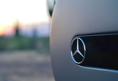 Close up shot of the Mercedes Benz G-Wagon displaying the vehicle emglem