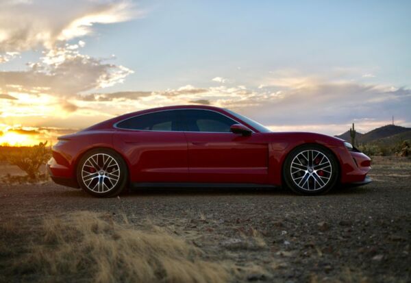 wide side shot of the Porsche Taycan facing right