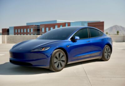 front angle shot of the Tesla Model 3 facing left