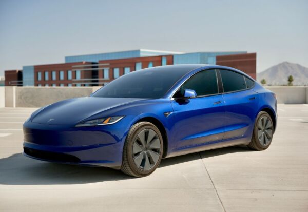 front angle shot of the Tesla Model 3 facing left